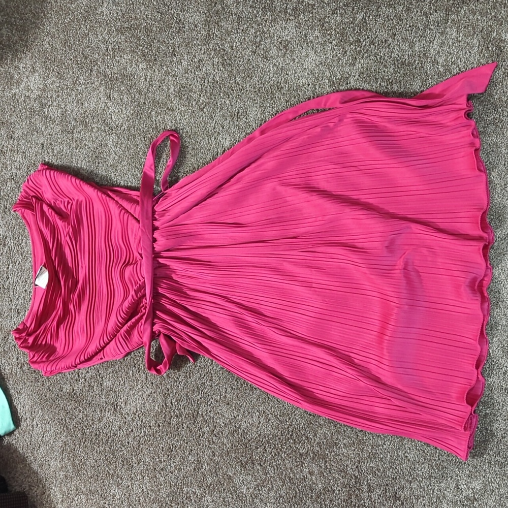 Fuchsia Pleated Midi Dress with Self Tie Waist